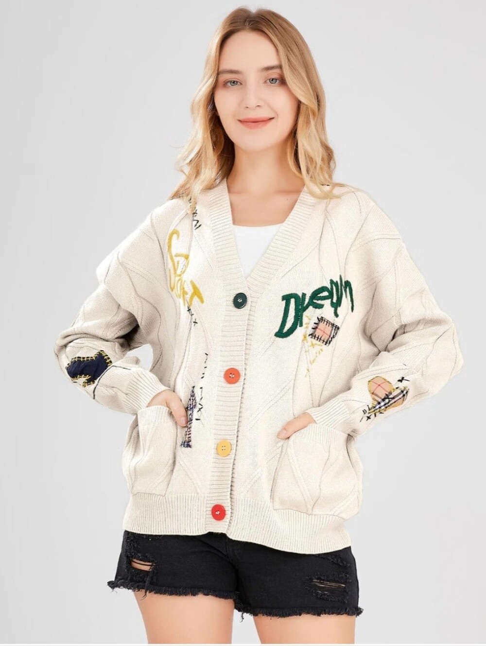 Graffiti Patchwork Cable Knit Cardigan Sweater L Viscose Blend Cream Chunky Cozy
